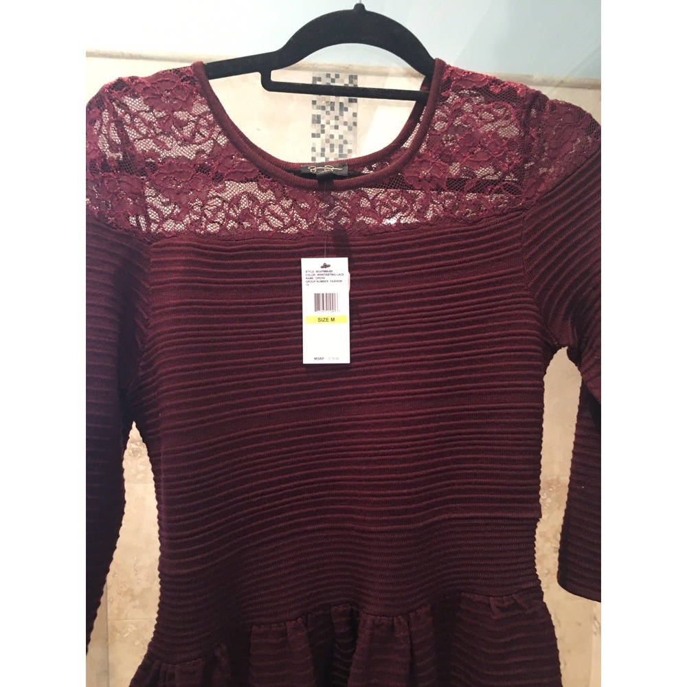 Jessica Simpson Opera Ribbed Sweater Dress Lace Wine Red Christmas 60347666 M - Picture 3 of 9